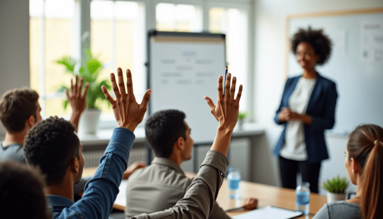 Group asking Questions with raised hands