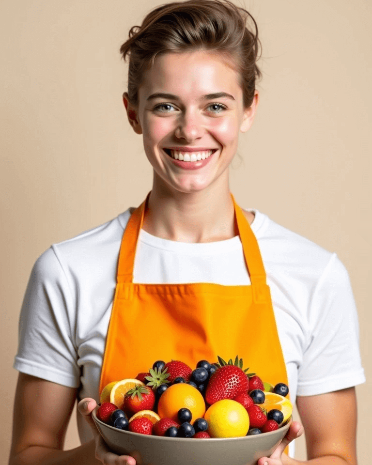 Female home care provider conducting Homemaker Services holding a fruit salad