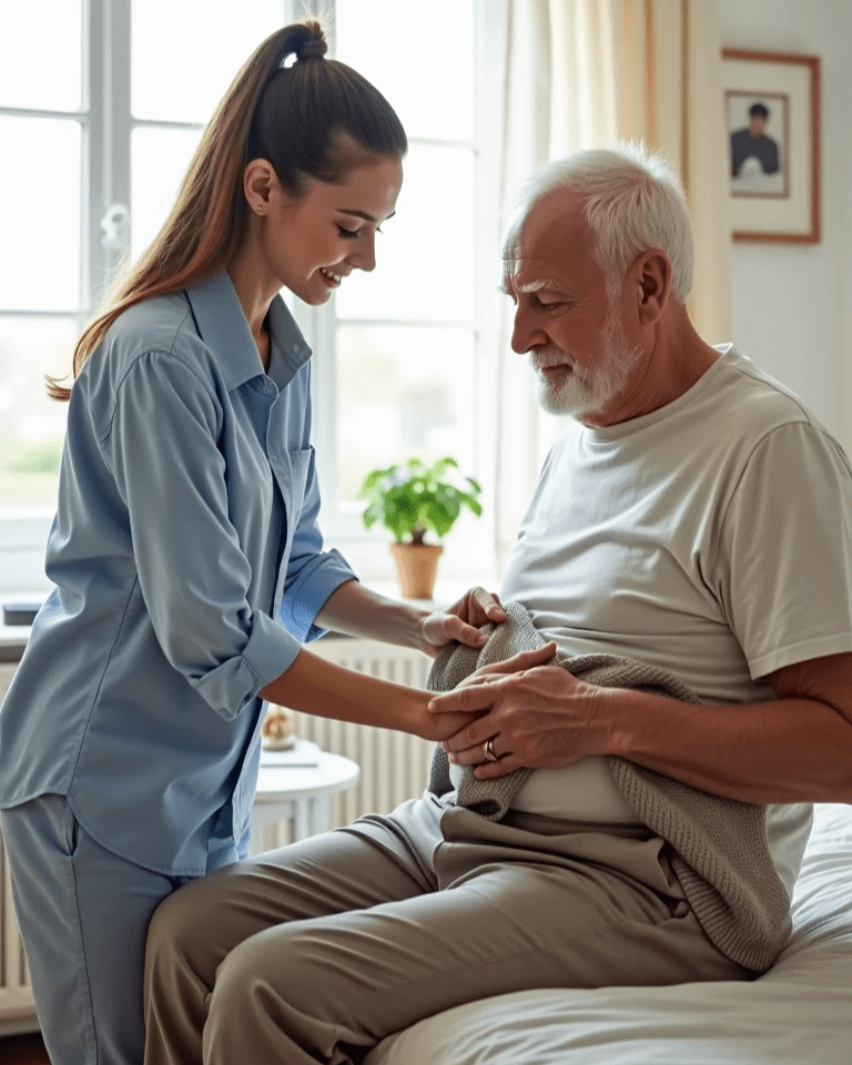 Femal home care provider conducting Personal Care Assistance to a male client by a female home health care provider.