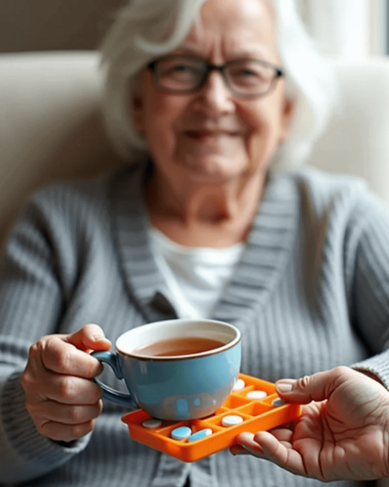 Female home care client receiving reminders & assistance with self-administered medications