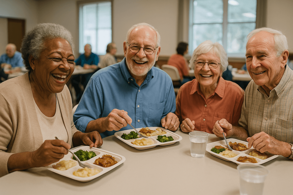 Seniors Enjoying a meal provided by the Older Adults Act.
