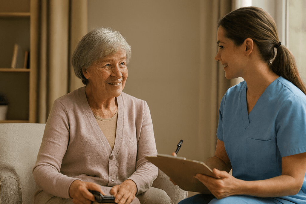 Senior with caretaker discussing hurricane preparations