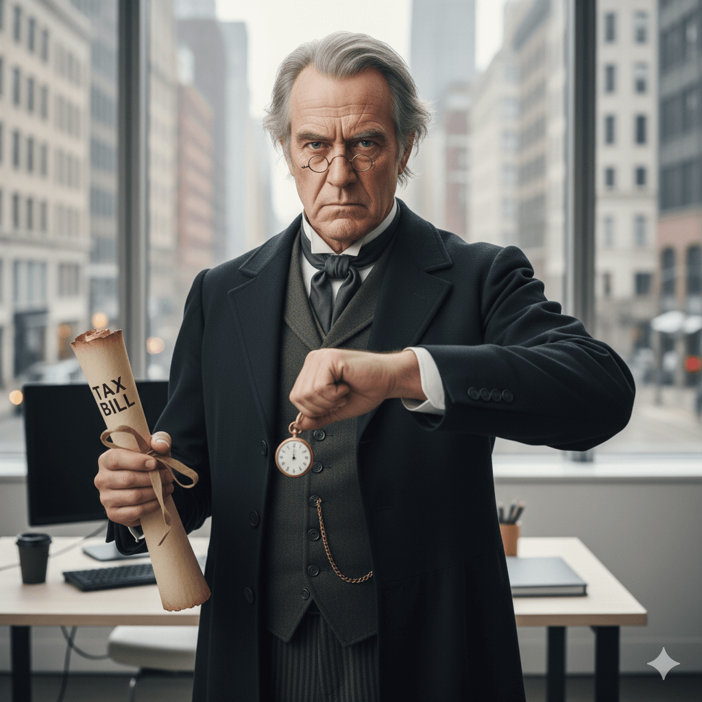 Tax collector implying it is time to pay the tax bill