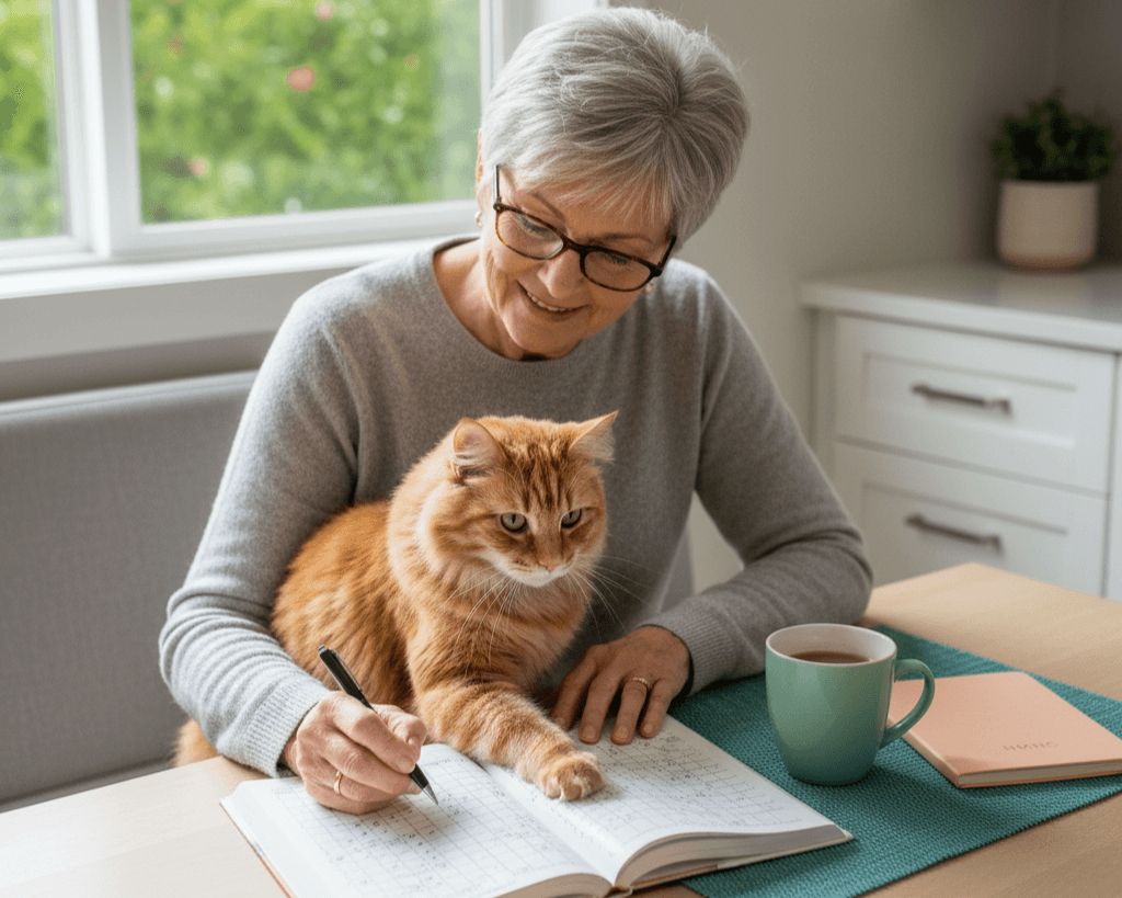 Older adult completing a crossword while a calm cat rests a paw near the page at a sunny kitchen table.