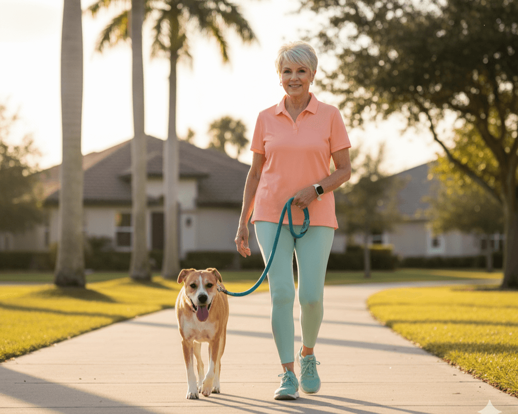 Older adult walking a dog at sunrise on a quiet neighborhood path, looking relaxed and focused.