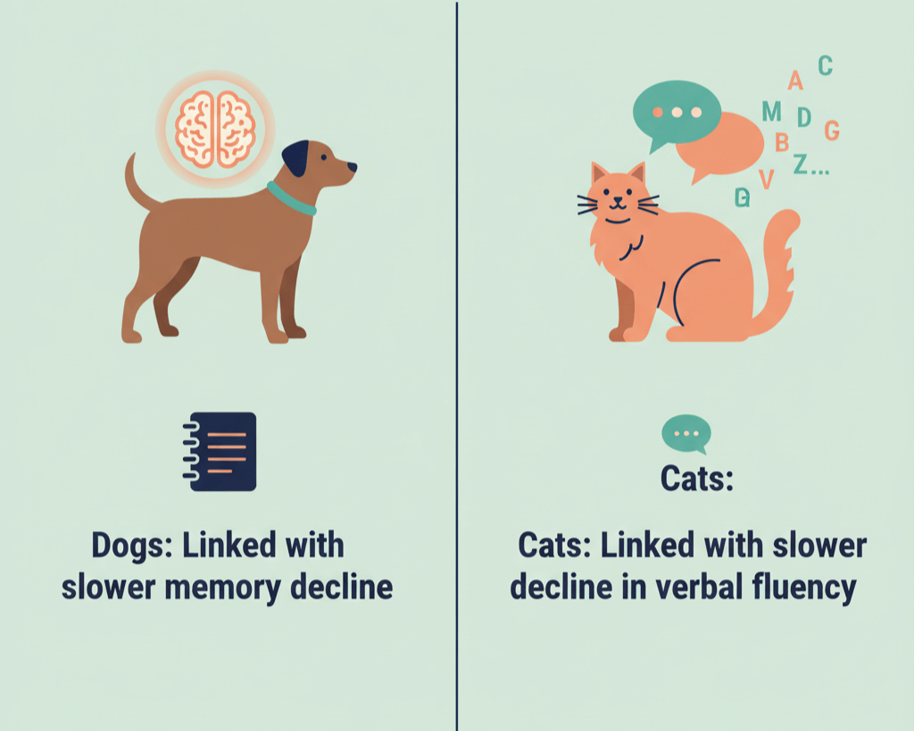 Simple two-panel graphic: dog icon with memory cue on left, cat icon with speech/letters on right, summarizing species-specific cognitive links.